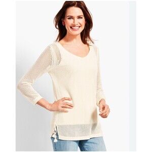 Talbots SPACE-DYE MESH SIDE-TIE SWEATER Open Knit No Cami Cream Beach Scandi